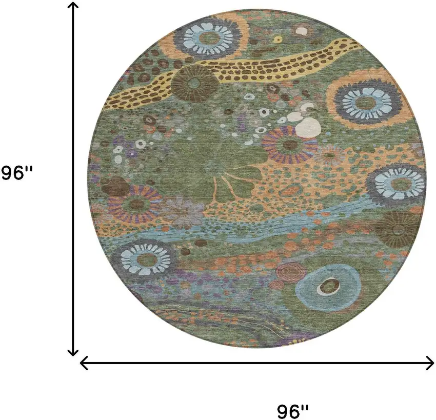 8' Green And Olive Green Round Floral Washable Indoor Outdoor Area Rug Photo 7