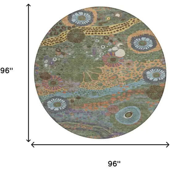 8' Green And Olive Green Round Floral Washable Indoor Outdoor Area Rug Photo 7