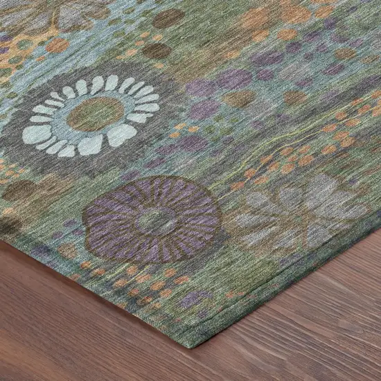 8' Green And Olive Green Round Floral Washable Indoor Outdoor Area Rug Photo 5