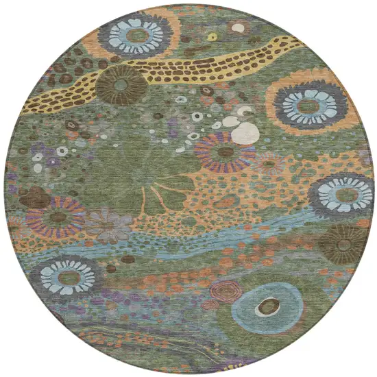 8' Green And Olive Green Round Floral Washable Indoor Outdoor Area Rug Photo 2