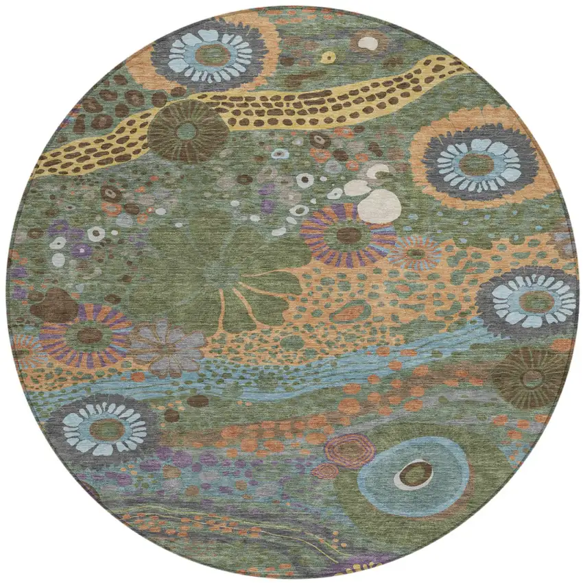 8' Green And Olive Green Round Floral Washable Indoor Outdoor Area Rug Photo 2