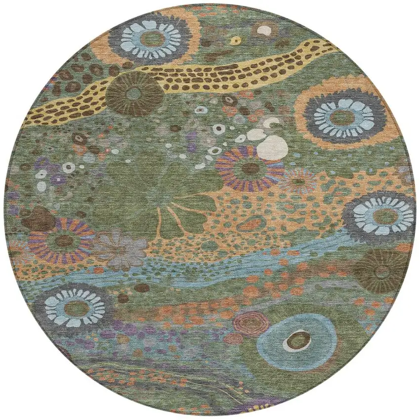 8' Green And Olive Green Round Floral Washable Indoor Outdoor Area Rug Photo 4