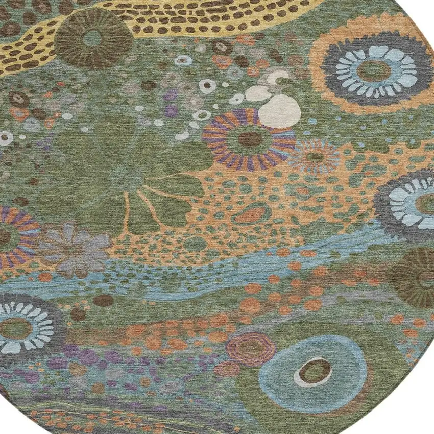 8' Green And Olive Green Round Floral Washable Indoor Outdoor Area Rug Photo 3