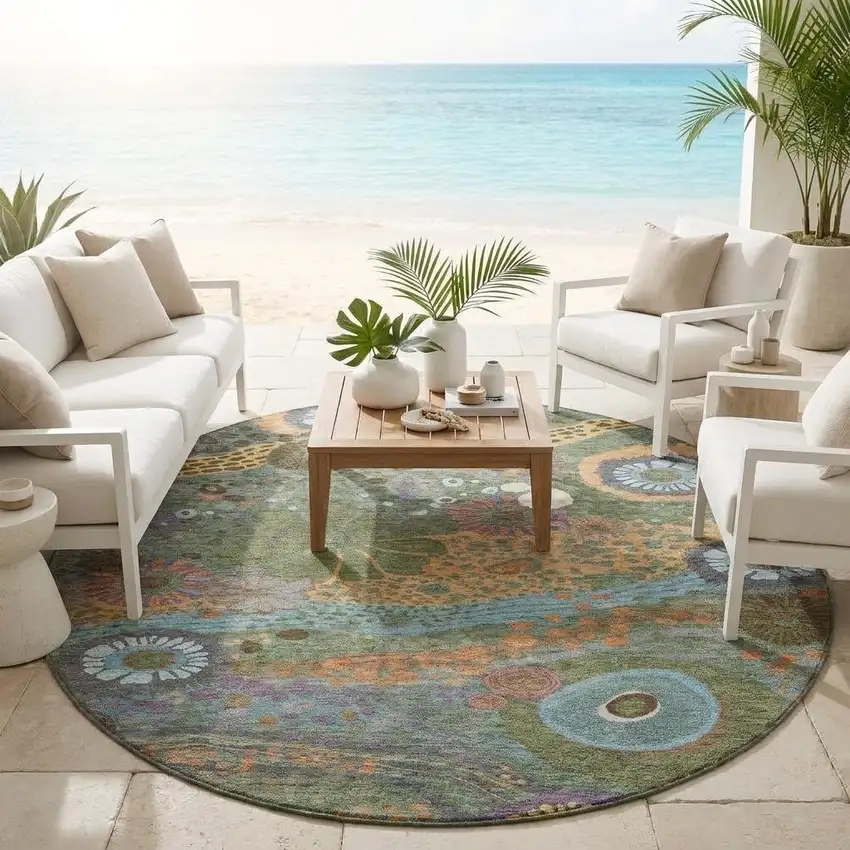 8' Green And Olive Green Round Floral Washable Indoor Outdoor Area Rug Photo 1