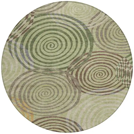 8' Green And Olive Green Round Geometric Washable Indoor Outdoor Area Rug Photo 3