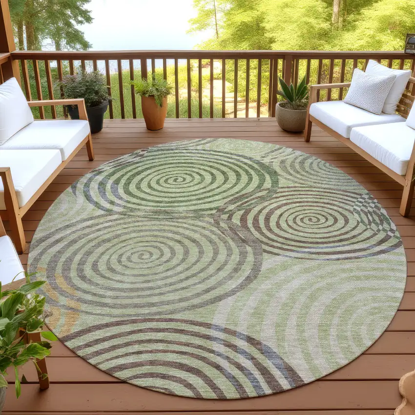 8' Green And Olive Green Round Geometric Washable Indoor Outdoor Area Rug Photo 4