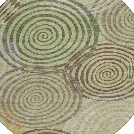 8' Green And Olive Green Round Geometric Washable Indoor Outdoor Area Rug Photo 2
