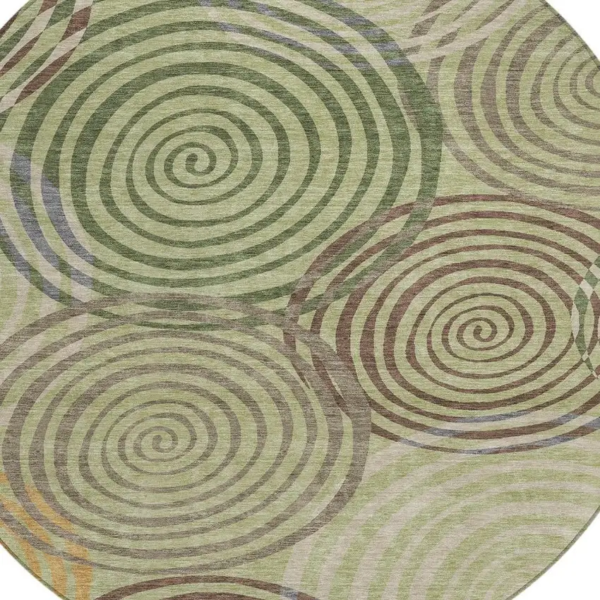 8' Green And Olive Green Round Geometric Washable Indoor Outdoor Area Rug Photo 2