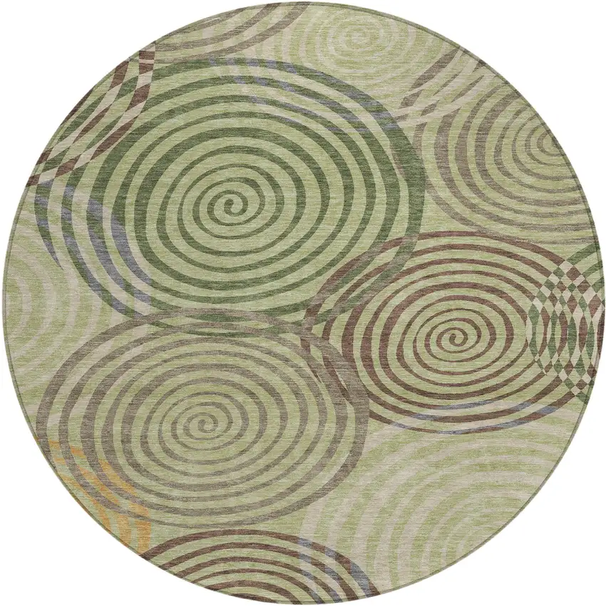 8' Green And Olive Green Round Geometric Washable Indoor Outdoor Area Rug Photo 1