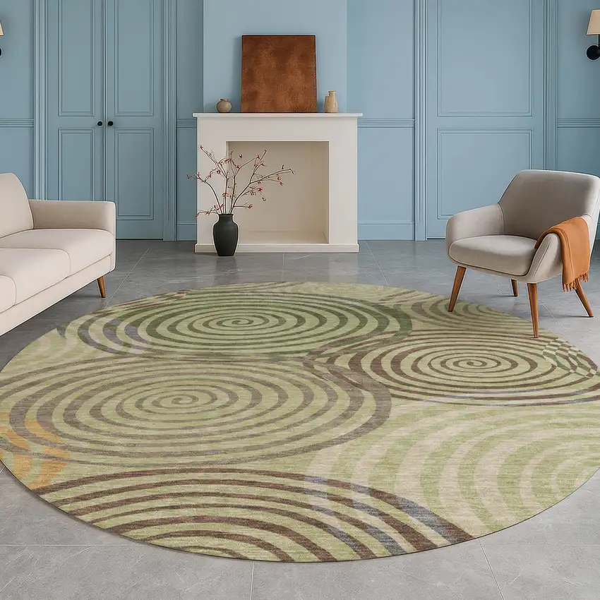 8' Green And Olive Green Round Geometric Washable Indoor Outdoor Area Rug Photo 5