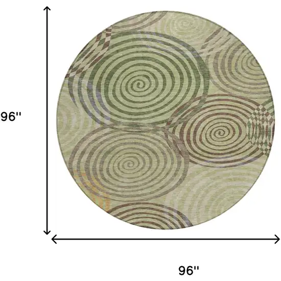 8' Green And Olive Green Round Geometric Washable Indoor Outdoor Area Rug Photo 8