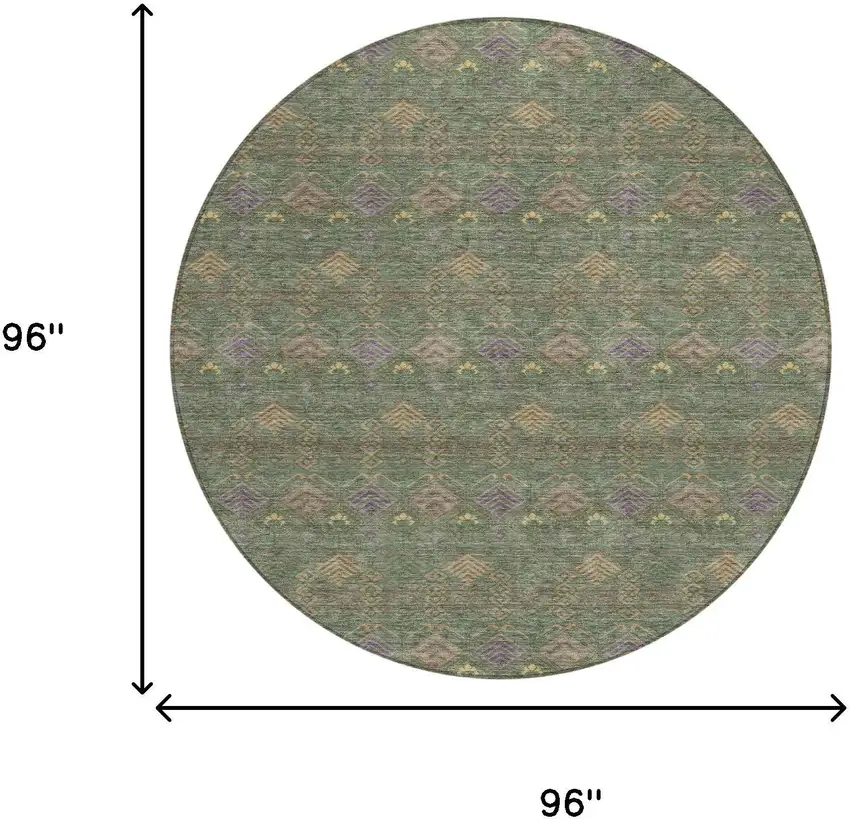 8' Green And Olive Green Round Geometric Washable Indoor Outdoor Area Rug Photo 7