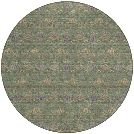 8' Green And Olive Green Round Geometric Washable Indoor Outdoor Area Rug Photo 2