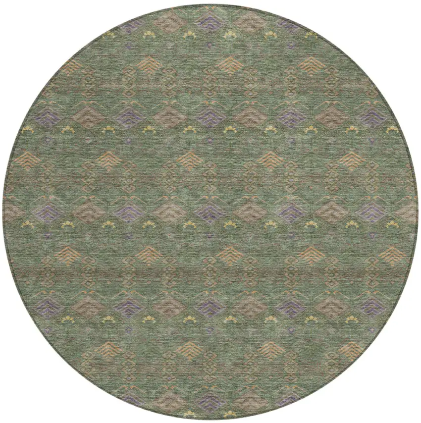 8' Green And Olive Green Round Geometric Washable Indoor Outdoor Area Rug Photo 2