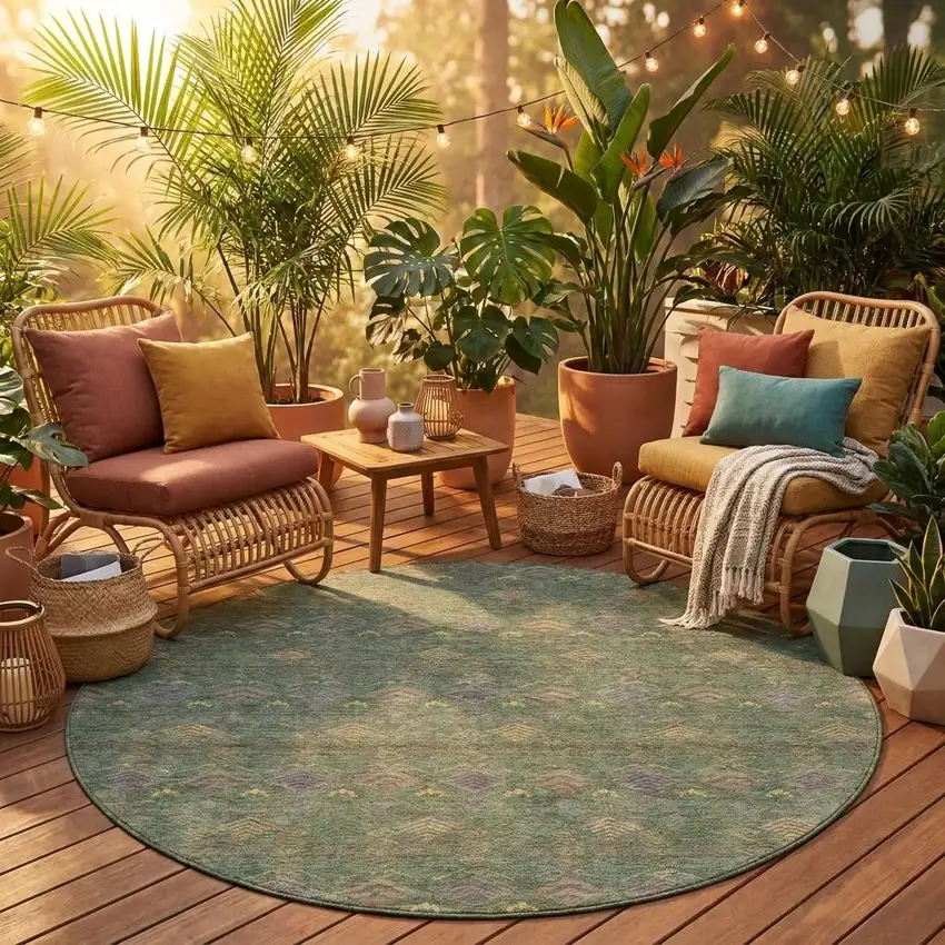 8' Green And Olive Green Round Geometric Washable Indoor Outdoor Area Rug Photo 1