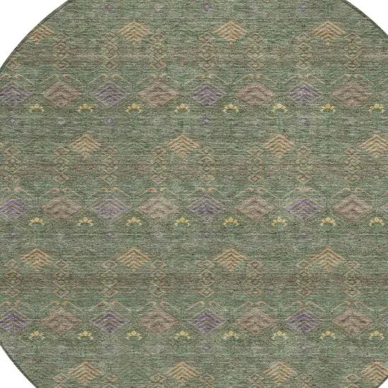 8' Green And Olive Green Round Geometric Washable Indoor Outdoor Area Rug Photo 3