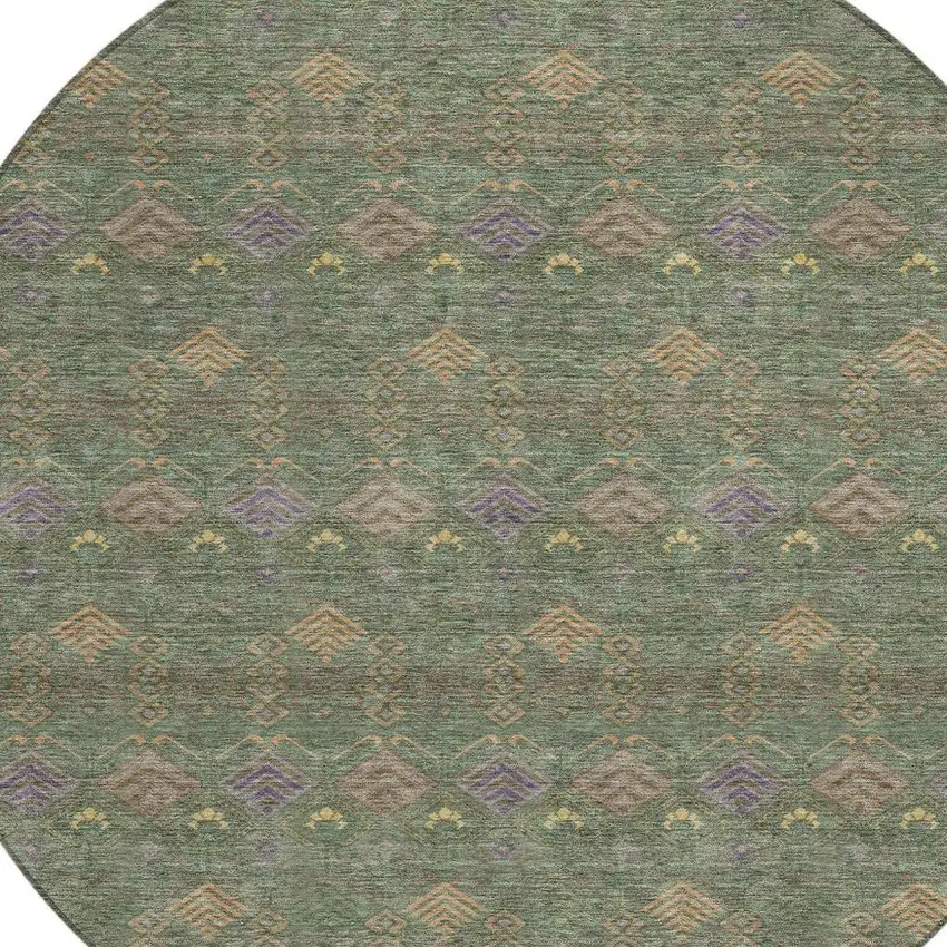 8' Green And Olive Green Round Geometric Washable Indoor Outdoor Area Rug Photo 3
