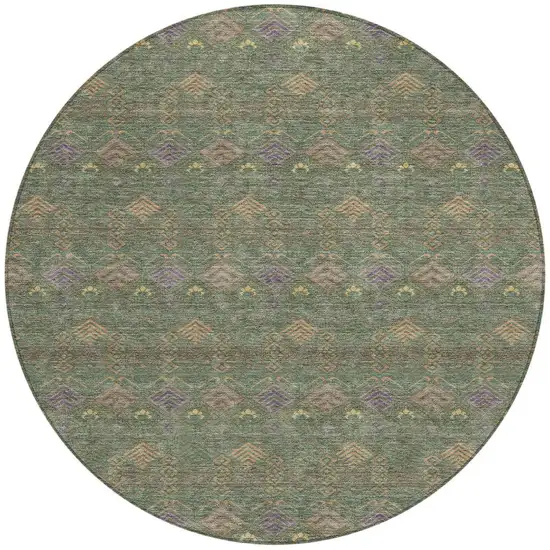8' Green And Olive Green Round Geometric Washable Indoor Outdoor Area Rug Photo 4