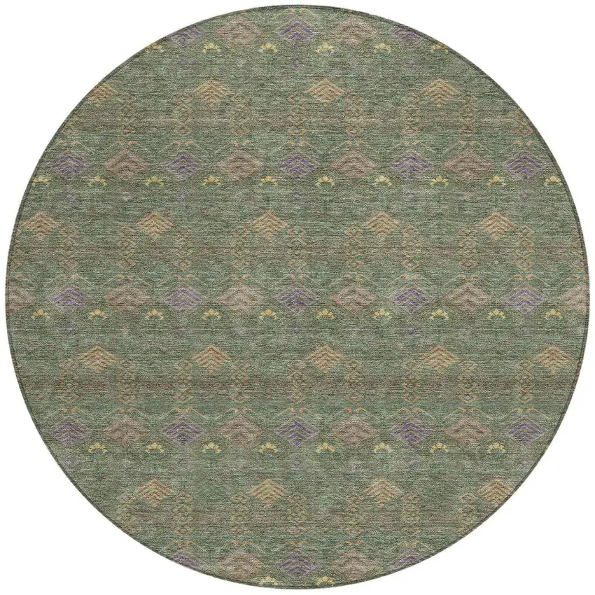 8' Green And Olive Green Round Geometric Washable Indoor Outdoor Area Rug Photo 4