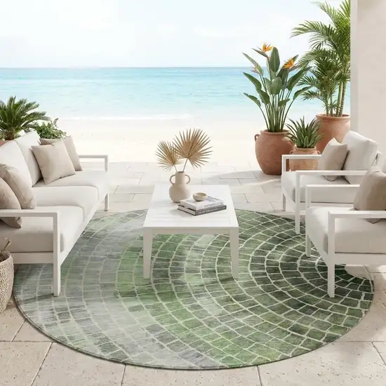 8' Green And Olive Green Round Geometric Washable Indoor Outdoor Area Rug Photo 1