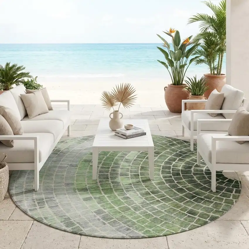 8' Green And Olive Green Round Geometric Washable Indoor Outdoor Area Rug Photo 1