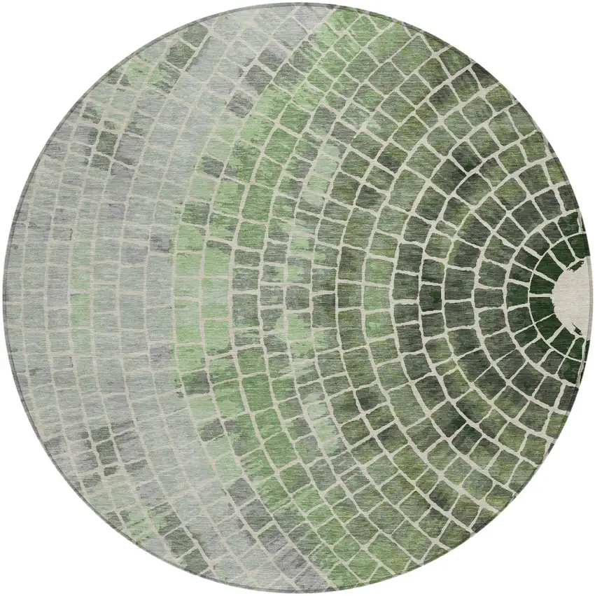 8' Green And Olive Green Round Geometric Washable Indoor Outdoor Area Rug Photo 2