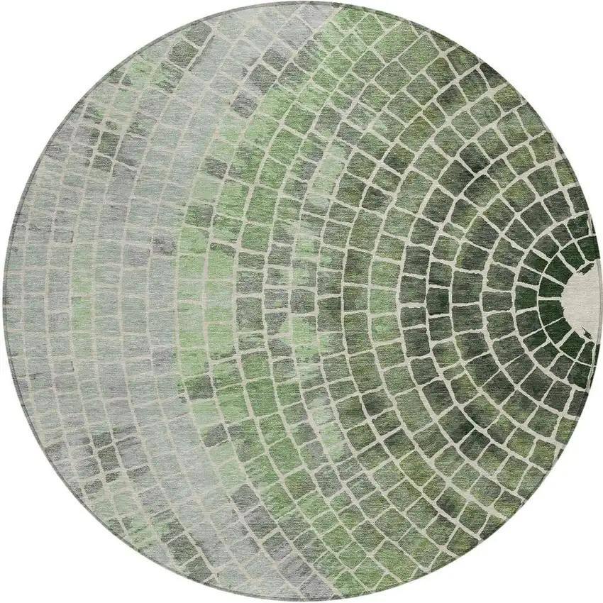 8' Green And Olive Green Round Geometric Washable Indoor Outdoor Area Rug Photo 4