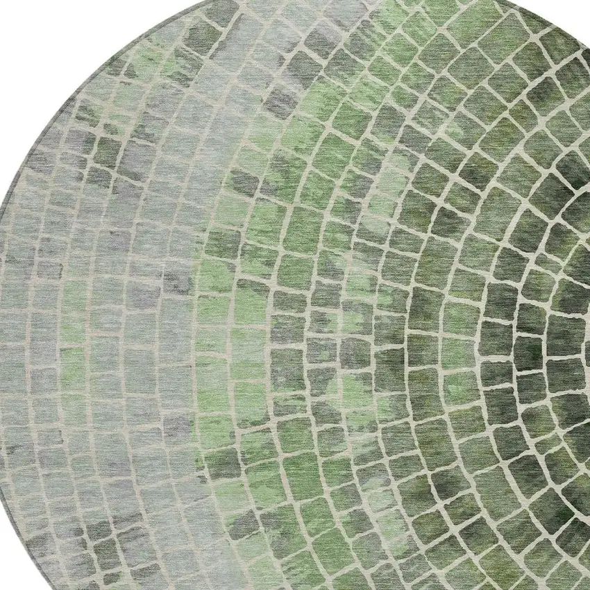 8' Green And Olive Green Round Geometric Washable Indoor Outdoor Area Rug Photo 3