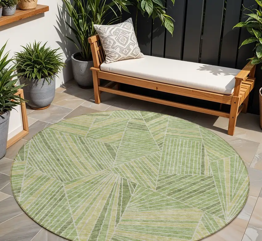 8' Green And Olive Green Round Geometric Washable Indoor Outdoor Area Rug Photo 1