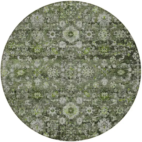 8' Green And Olive Green Round Oriental Washable Indoor Outdoor Area Rug Photo 5