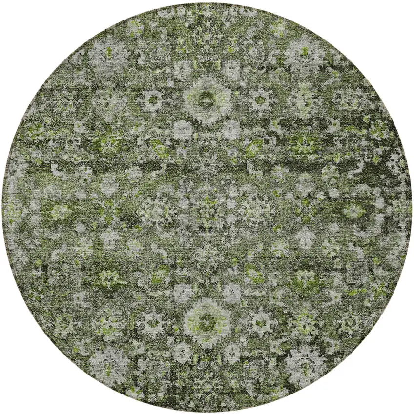 8' Green And Olive Green Round Oriental Washable Indoor Outdoor Area Rug Photo 5