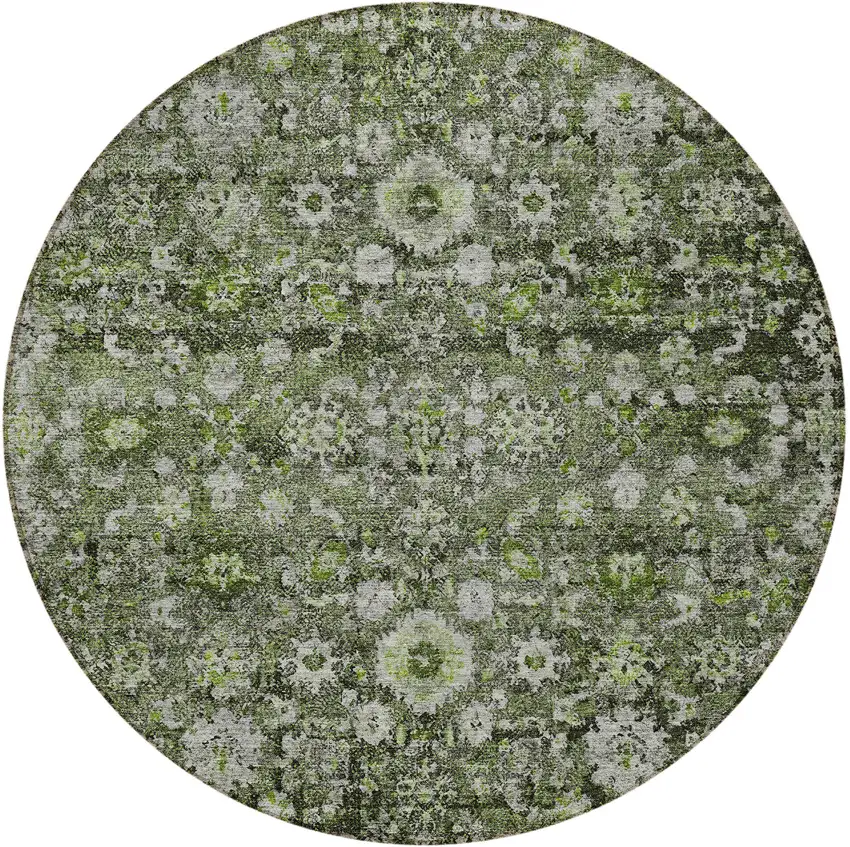 8' Green And Olive Green Round Oriental Washable Indoor Outdoor Area Rug Photo 5