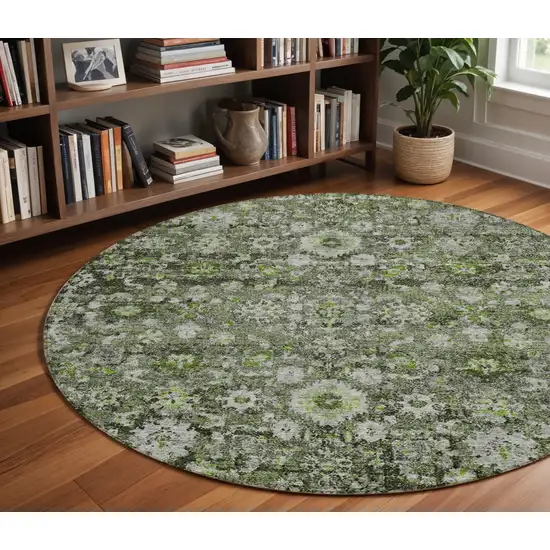 8' Green And Olive Green Round Oriental Washable Indoor Outdoor Area Rug Photo 9
