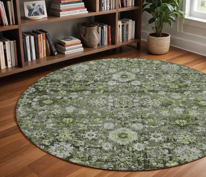 8' Green And Olive Green Round Oriental Washable Indoor Outdoor Area Rug Photo 9