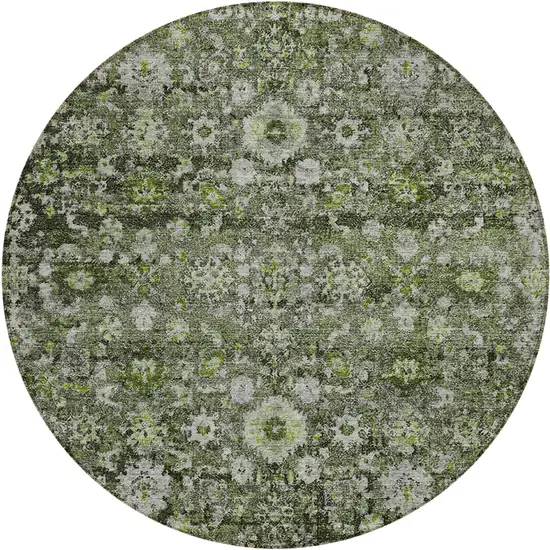 8' Green And Olive Green Round Oriental Washable Indoor Outdoor Area Rug Photo 2