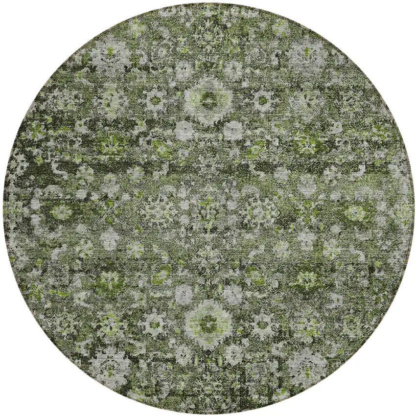 8' Green And Olive Green Round Oriental Washable Indoor Outdoor Area Rug Photo 2