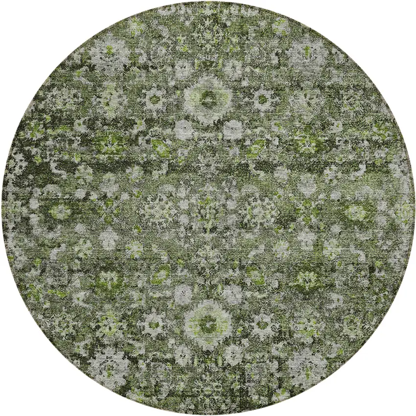 8' Green And Olive Green Round Oriental Washable Indoor Outdoor Area Rug Photo 2