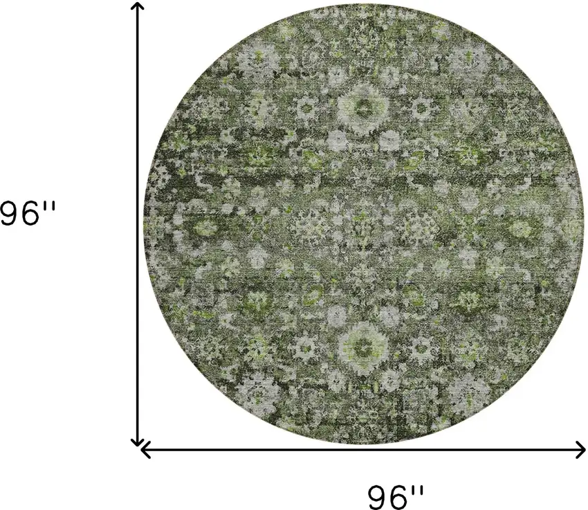 8' Green And Olive Green Round Oriental Washable Indoor Outdoor Area Rug Photo 3