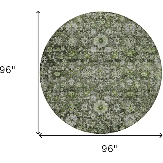 8' Green And Olive Green Round Oriental Washable Indoor Outdoor Area Rug Photo 3