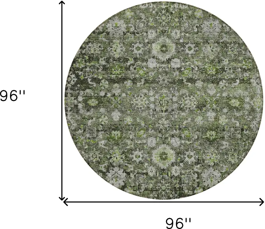 8' Green And Olive Green Round Oriental Washable Indoor Outdoor Area Rug Photo 3