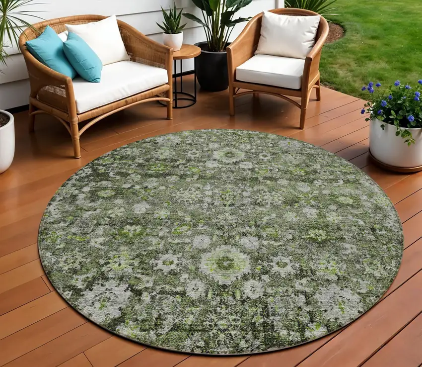 8' Green And Olive Green Round Oriental Washable Indoor Outdoor Area Rug Photo 1