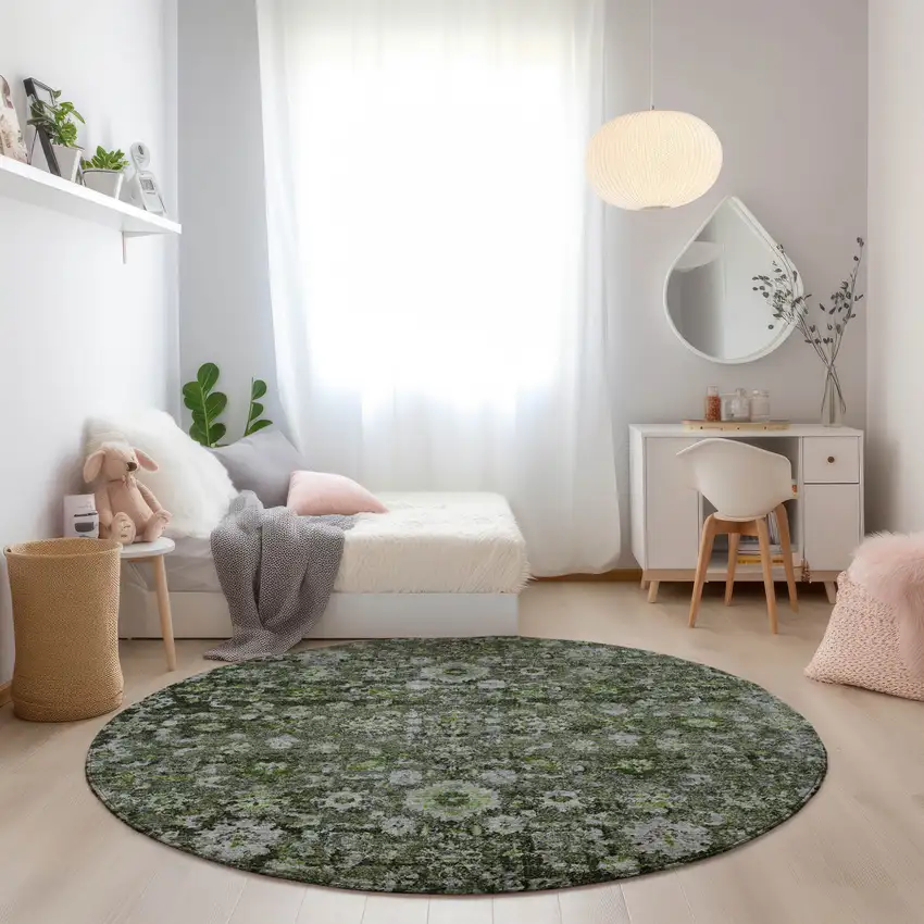 8' Green And Olive Green Round Oriental Washable Indoor Outdoor Area Rug Photo 7