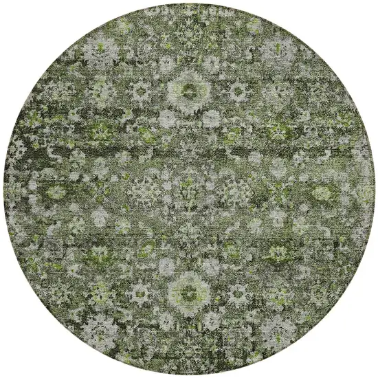 8' Green And Olive Green Round Oriental Washable Indoor Outdoor Area Rug Photo 4