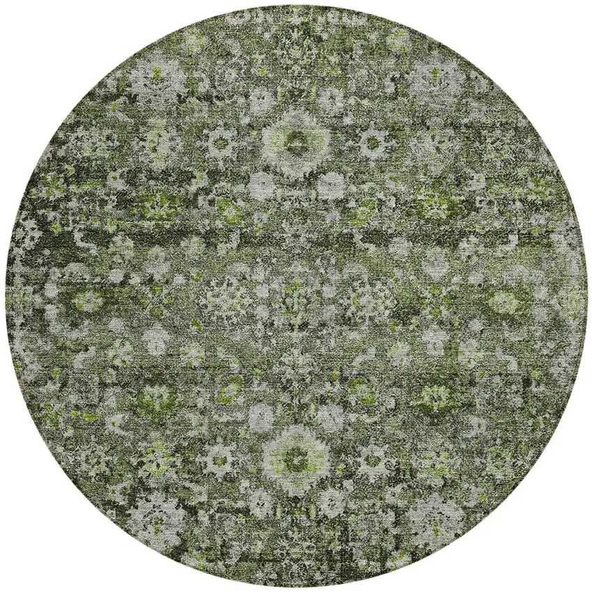 8' Green And Olive Green Round Oriental Washable Indoor Outdoor Area Rug Photo 4