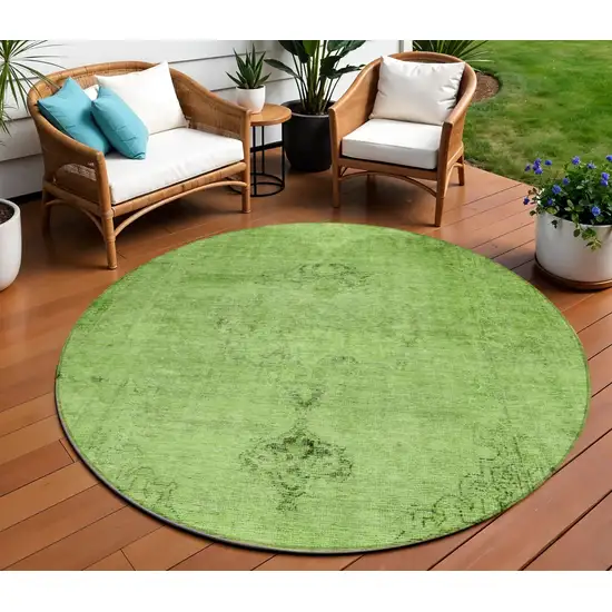 8' Green And Olive Green Round Oriental Washable Indoor Outdoor Area Rug Photo 1