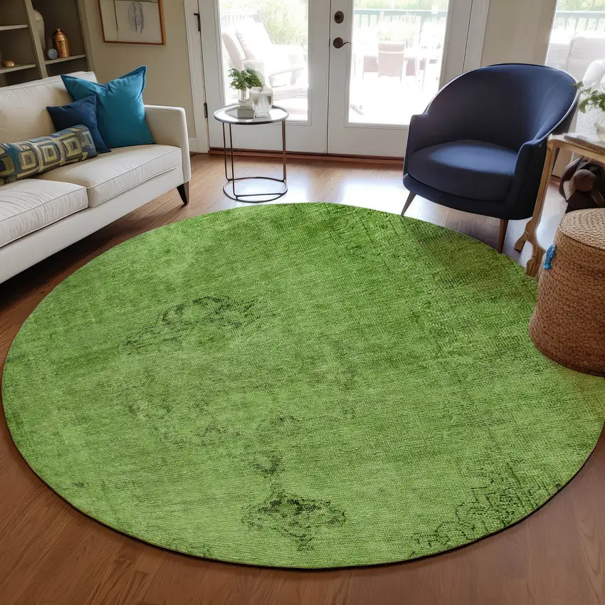 8' Green And Olive Green Round Oriental Washable Indoor Outdoor Area Rug Photo 7