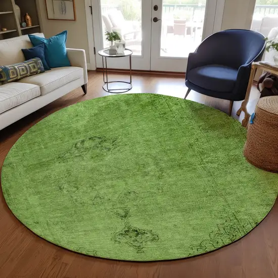 8' Green And Olive Green Round Oriental Washable Indoor Outdoor Area Rug Photo 7