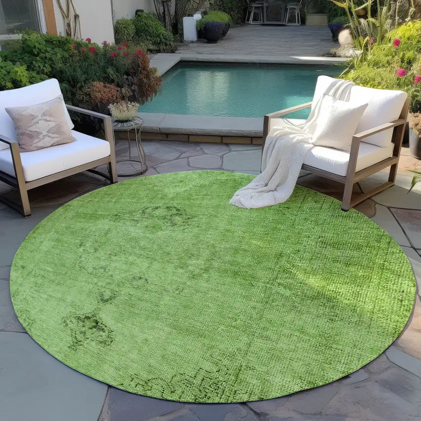8' Green And Olive Green Round Oriental Washable Indoor Outdoor Area Rug Photo 6