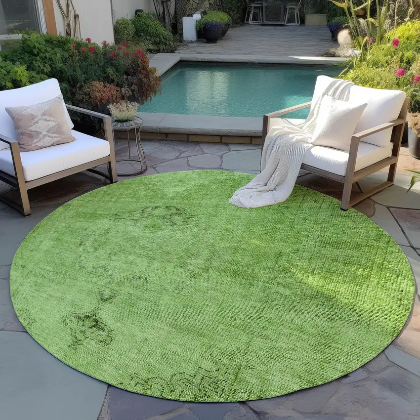 8' Green And Olive Green Round Oriental Washable Indoor Outdoor Area Rug Photo 6