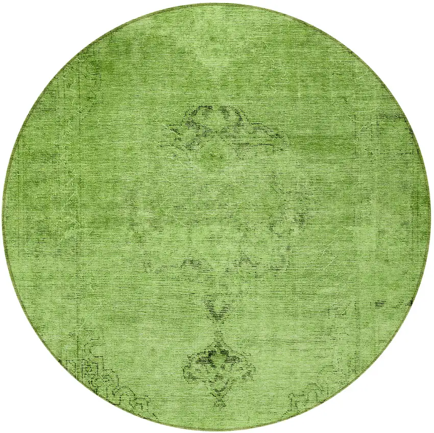 8' Green And Olive Green Round Oriental Washable Indoor Outdoor Area Rug Photo 5
